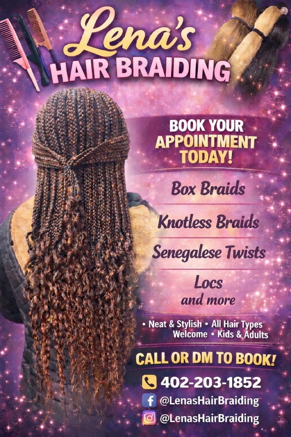 Braiding in progress at Lena's Hair Braiding studio